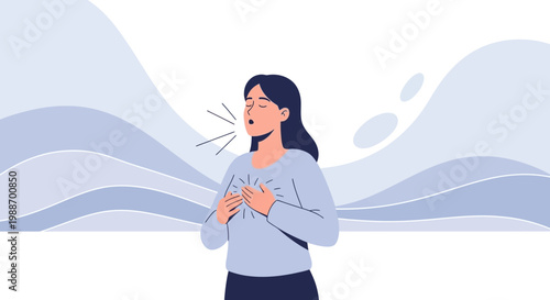 Woman coughing or sneezing with hands on chest, feeling unwell, illness concept