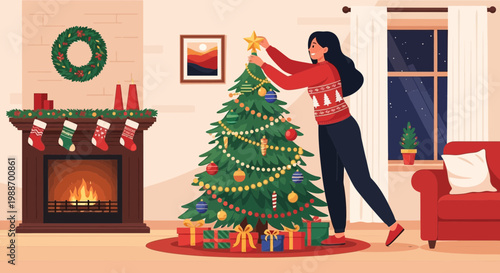 Woman Decorating Christmas Tree with Star, Cozy Living Room with Fireplace