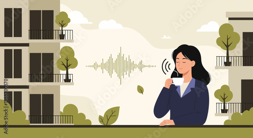 Woman enjoying coffee on balcony, sound waves visualization, urban apartment buildings