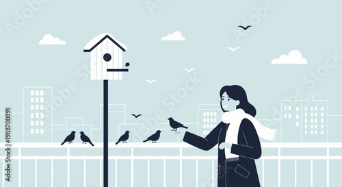 Woman feeding birds in winter city park with birdhouse and skyline