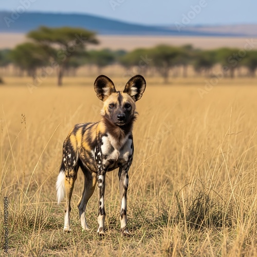 African wild dog stands alert in dry grassland under a clear blue sky