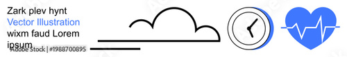 Weather forecasting, time management, health monitoring, scheduling, wellness, efficiency. Minimal cloud line art, clock and heartbeat. Weather forecasting and time management