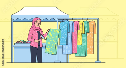Woman in hijab selling batik clothes at a market stall