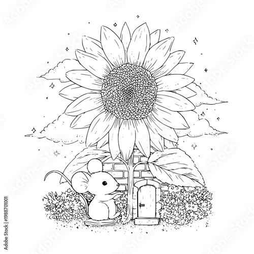 Mouse standing in front of tiny house under giant Sunflower