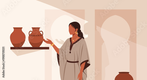 Woman in traditional attire admires ancient pottery in a sunlit museum or gallery
