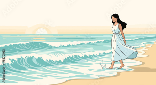 Woman in White Dress Walking on Beach at Sunset, Ocean Waves