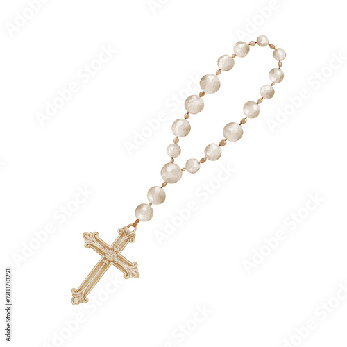 Konstfotografi Catholic rosary with cross isolated clipart, watercolor illustration
