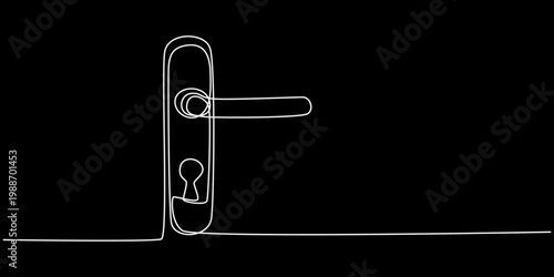 continuous one line drawing Door handle, door lock, keyhole, minimalist line drawing, black background, white lines