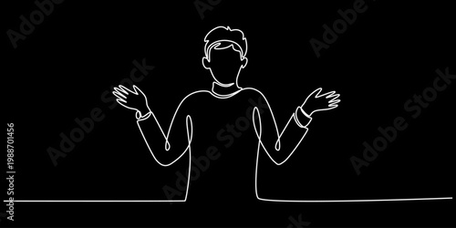 Continuous line drawing, minimalist man gesturing, simple white outline on black background, vector illustration