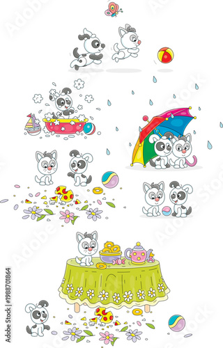 Frolicsome little kitten and puppy with a broken vase from a kitchen table, running and playing a ball, washing, hiding under an umbrella, a set of vector cartoon illustrations on a white background