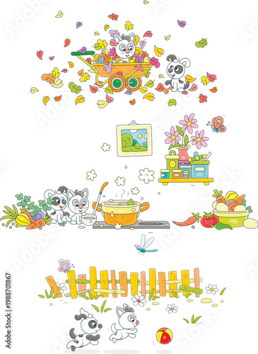 Cute little kitten and puppy with a wheelbarrow full of autumn leaves, watching a pan of soup on a kitchen table, running with a ball along a village fence, a set of vector cartoon illustrations