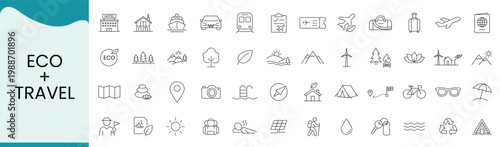 Eco Travel Icon Set, Sustainable Tourism Nature Line Vector Collection