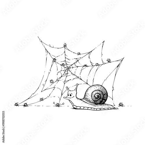 Snail under Spider Web on White Background