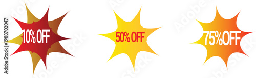Set of three starburst explosion sale tags with text 10 percent off 50 percent off and 75 percent off isolated on transparent background, great for promotions and discounts.