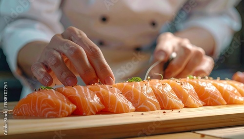 Chef preparing fresh salmon sashimi on wooden board.