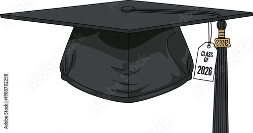 Black graduation cap mortarboard vector with silky tassel and gold charm for academic achievement and commencement ceremony