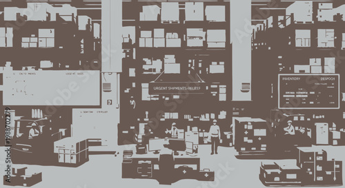 Brown and gray illustration of a busy warehouse with urgent shipments and relief