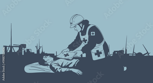 Paramedic helping injured person on the ground in a city