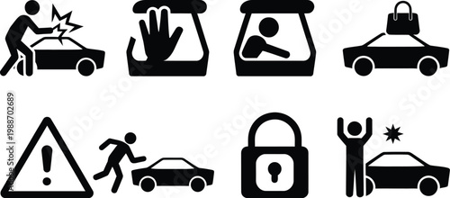 Car theft icons illustration set, stick figure silhouettes showing vehicle break in smashed window stolen bag alarm alert and victim reaction.
