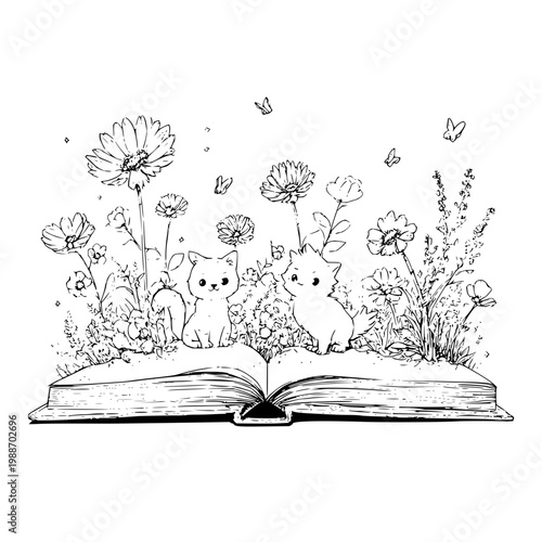 Cats Emerging from Open Book in Floral Garden