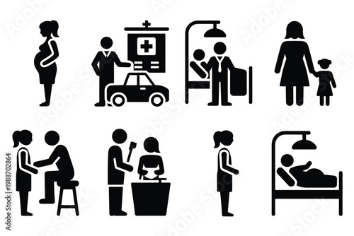 Childbirth delivery icons illustration set, stick figure silhouettes showing labor hospital arrival breathing epidural pushing and skin to skin care.