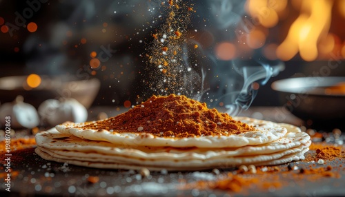 Spices being poured onto a stack of tortillas.