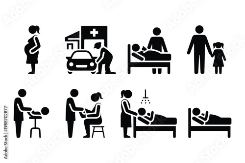 Pregnancy childbirth icons illustration set, stick figure silhouettes showing labor delivery stages and newborn care for healthcare and education design.