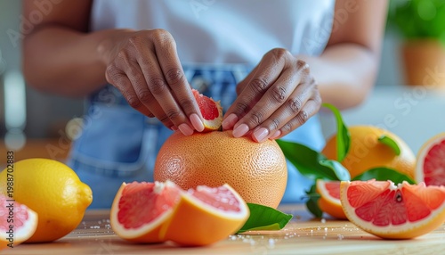 Preparation of Citrus Fruit by Woman with Manicured Nails in a Kitchen Setting