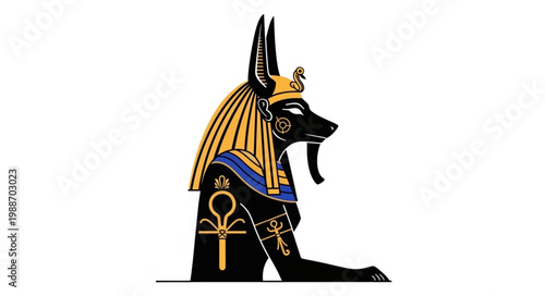 Ancient Egyptian god Anubis with jackal head and crown.