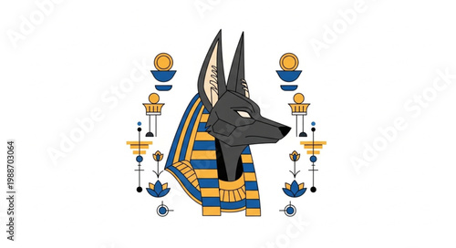 Ancient Egyptian god Anubis with jackal head and ornate collar.
