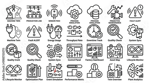 Industrial manufacturing icon set factory automation technology production vector.