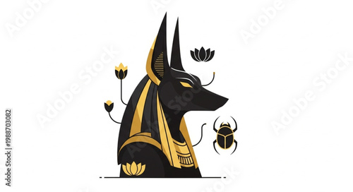 Ancient Egyptian god Anubis with jackal head and sacred symbols.