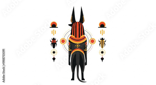 Ancient Egyptian god Anubis with jackal head and scarab symbols.