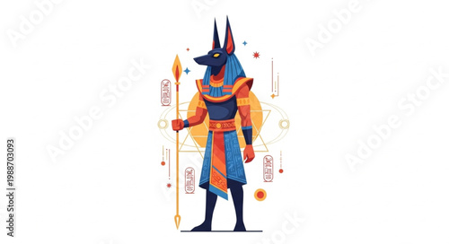 Ancient Egyptian god Anubis with jackal head holding staff.