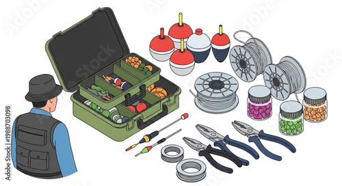 Angler with fishing tackle box floats pliers and fishing line spools for angling hobby.