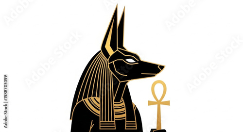 Anubis Ancient Egyptian God of Death and Afterlife with Ankh Symbol.