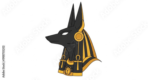 Anubis Egyptian God Head with Ankh and Scarab Symbols.