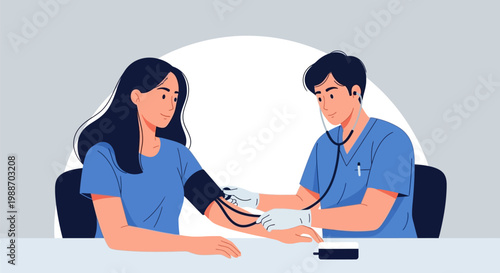 Doctor checking blood pressure of patient.