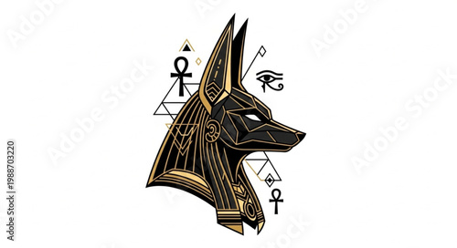 Anubis Egyptian God Head with Hieroglyphs and Geometric Shapes.