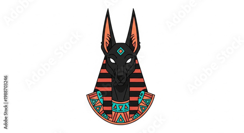 Anubis Egyptian God Head with Jackal Face and Hieroglyphs.