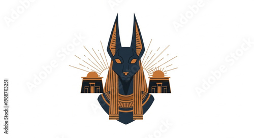 Anubis Egyptian God Head with Pyramids and Sun Rays.