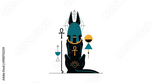 Anubis Egyptian God Illustration with Hieroglyphs and Symbols.