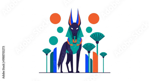 Anubis Egyptian God Illustration with Papyrus and Orbs.