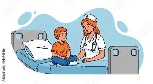 Nurse comforting a young boy in hospital.