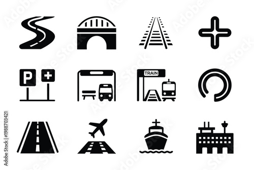Infrastructure transport icons illustration set, black symbols for road bridge tunnel railway junction parking airport runway and shipping port design.