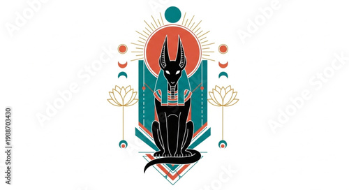 Anubis Egyptian God Silhouette with Geometric Symbols.