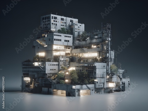 Abstract Architectural Assemblage: A surreal and captivating structure formed from layered building blocks, blending urban elements with nature's touch and glowing light elements.