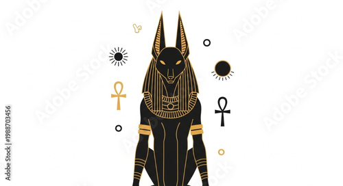Anubis Egyptian God Sitting with Symbols.