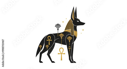 Anubis Egyptian God with Golden Symbols and Headdress Standing.