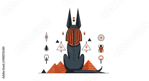 Anubis Egyptian God with Pyramids and Hieroglyphs.